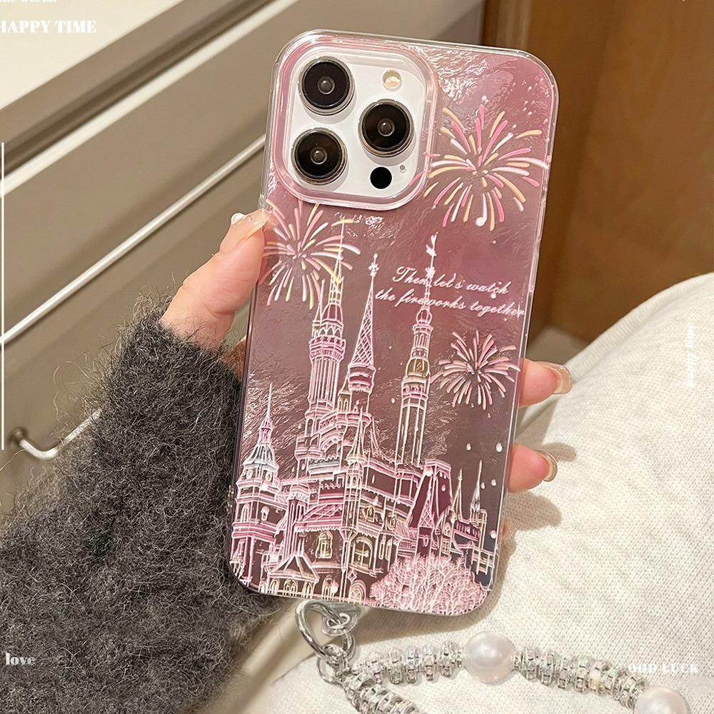 Firework Castle Suitable for IPhone16pro High End IMD Mobile Phone Case 15 Anti Fall Pearl Bracelet Protective Cover 13