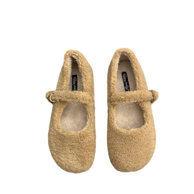 Retro Mori plush wool single shoes women's 2025 autumn and winter new French one-word Mary Jane shoes lamb wool shoes