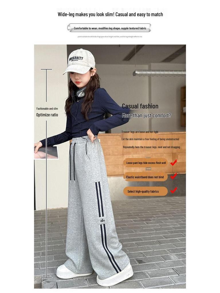 Dziewczęce Spodnie Dresowe Sportowe z Prostymi Nogawkami - Jesień/Zima, Pluszowe, Chłodny Luźny Krój dla Dużych Dziewczynek
