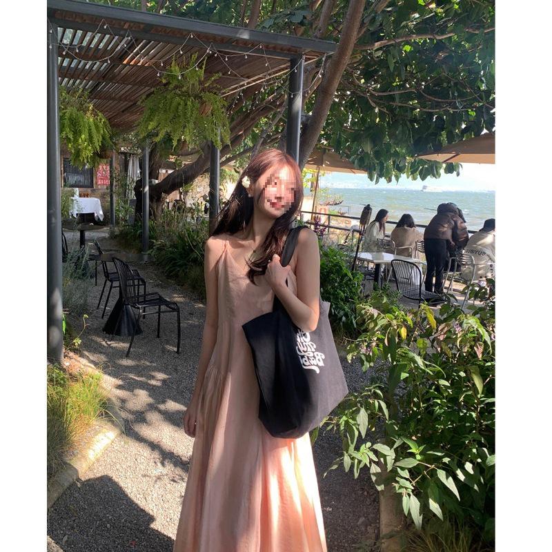 Romantic Pink V-neck Fairy Camisole Dress with Waist-cinching Slimming Long Skirt