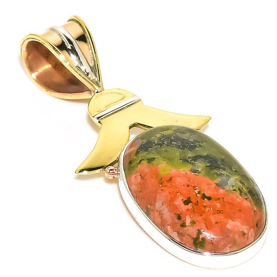 

Natural Unakite Gemstone Two Tone 925 Solid Sterling Silver Pendant 1.75 m0K34