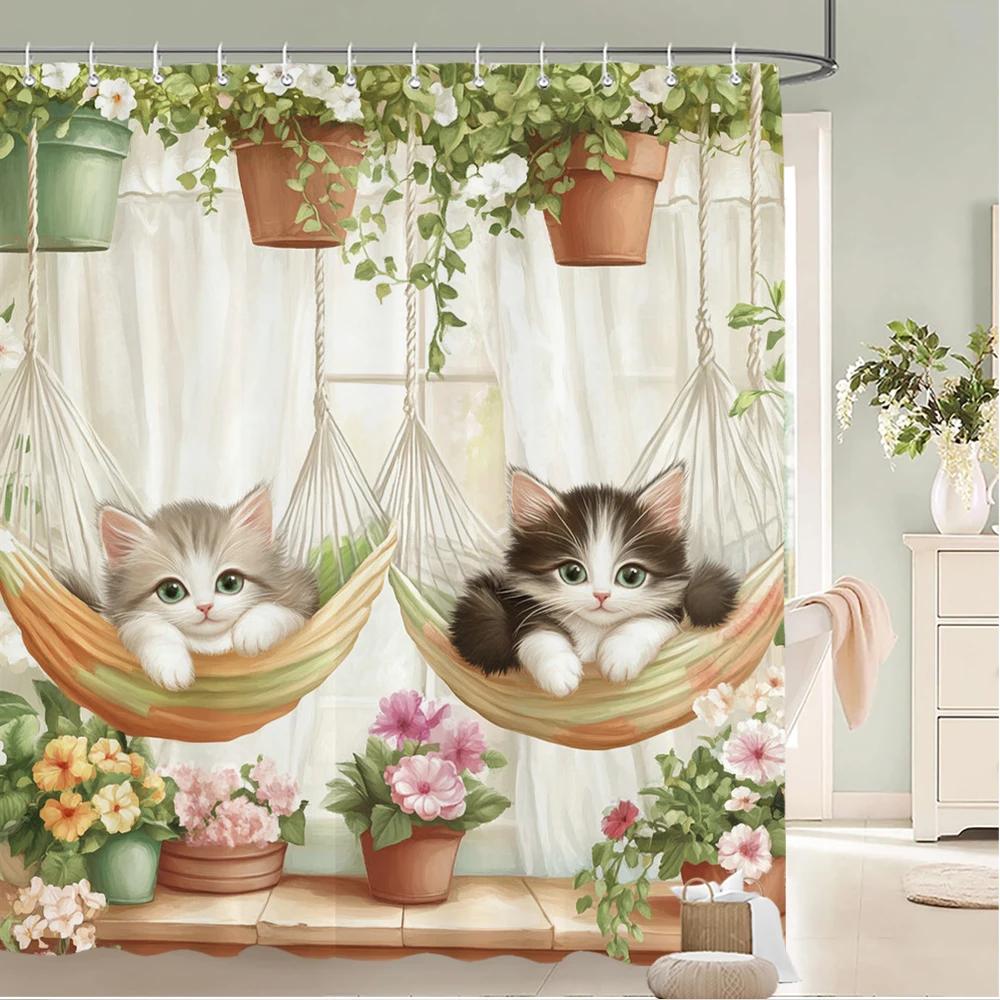 Cartoon Cute Cats And Dogs Fabric Shower Curtain Bathroom Curtain,Bathing Animal Style Home Decoration Curtain With Hooks