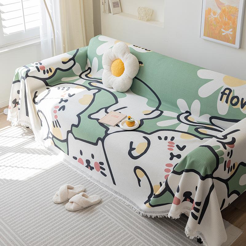 Thick Waffle Knit Cartoon Print Sofa Cover Universal Throw Blanket 180*130cm [single seat without armrests]