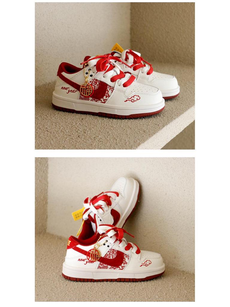 Czerwone płócienne buty na Nowy Rok 2026 dla dzieci - Prawdziwa skóra, Casualowy styl na wiosnę i jesień dla chłopców i dziewcząt