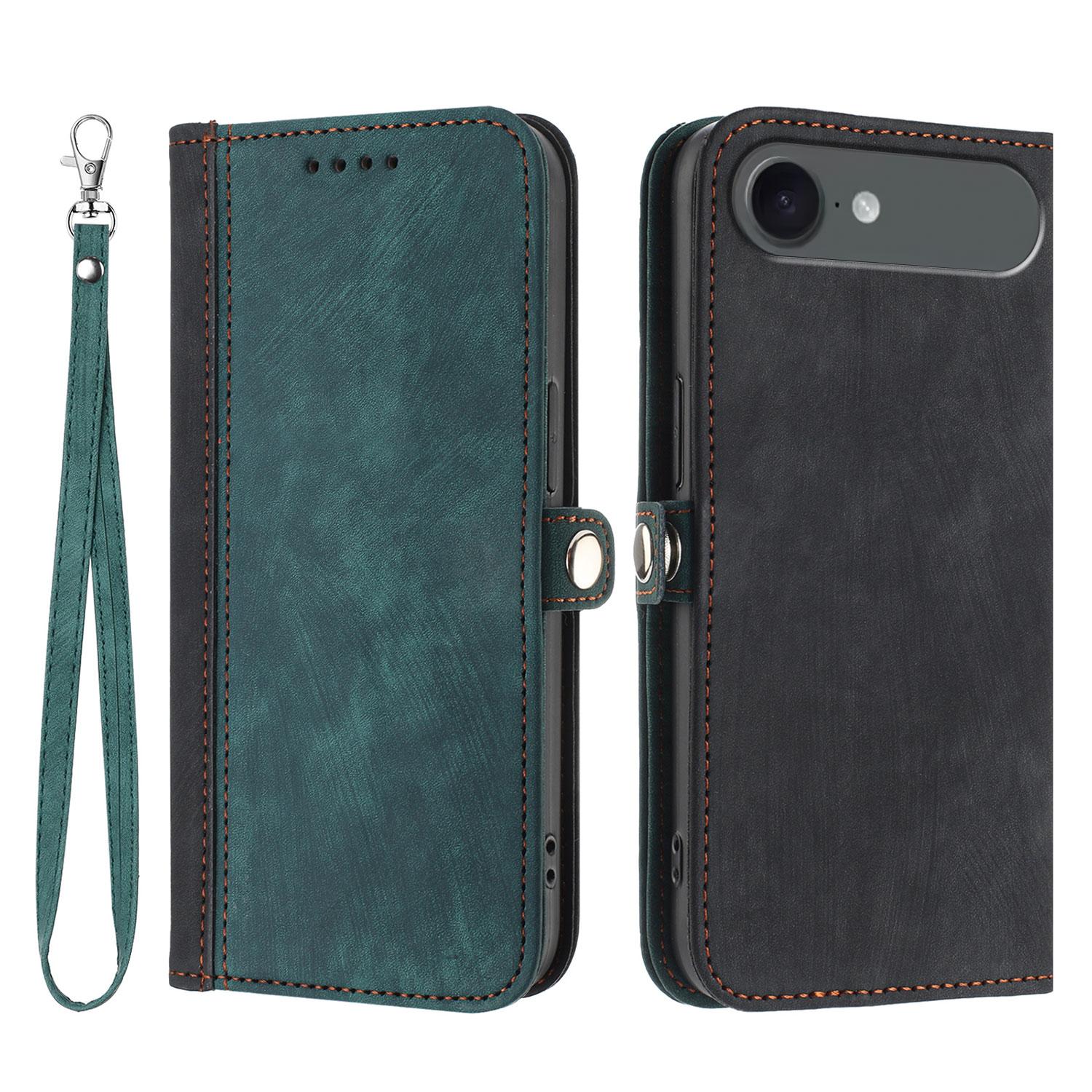 

For iPhone 17 Air PU Leather Case with Strap Phone Cover Stand Side Magnetic Button Design Black+Dark Green