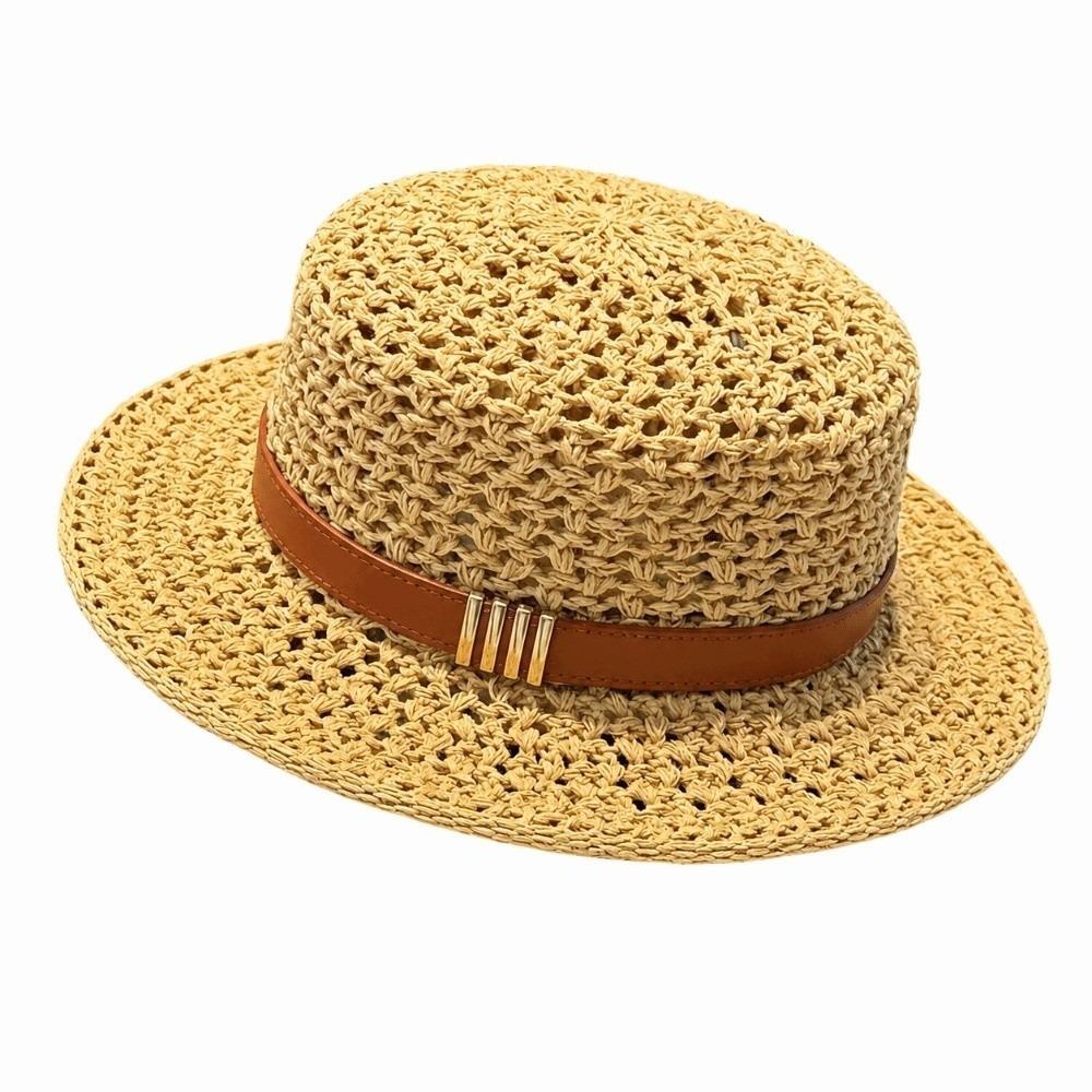 Wide Brim Sunshade Straw Hat Vintage Style Flat Top Straw Hat Mesh Woven Straw Hat  Beach Vacation