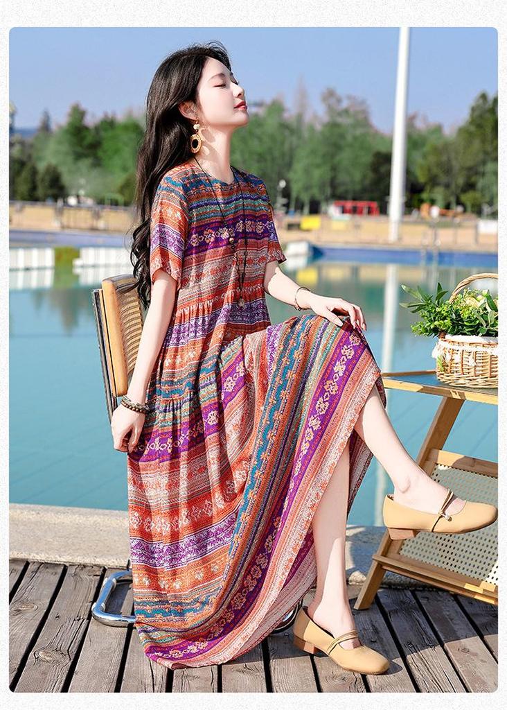 Bohemian Chiffon Midi Dress - Women's Plus Size, Slimming, Loose Fit, Summer Vacation Style (2026)