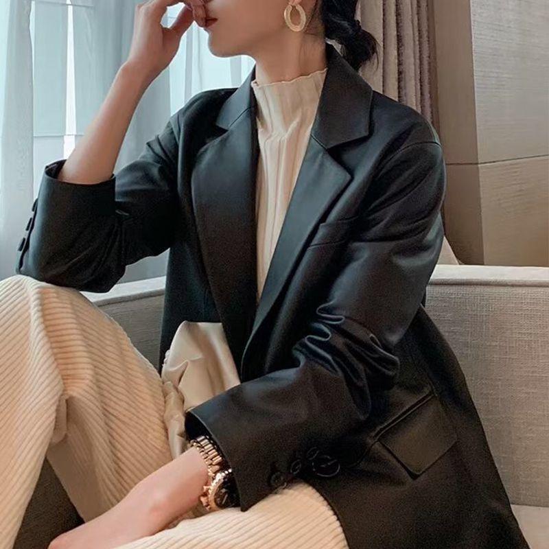 

Стильное и изысканное женское пальто из искусственной кожи на весну и осень с удлиненной длиной и первоклассным дизайном XL чёрный