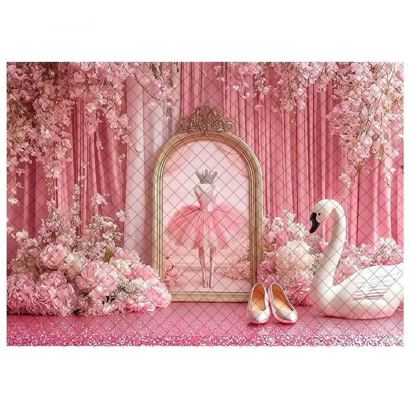LS Fotografie Hintergrund Ballettschläppchen Schwan Rosa Vorhänge Dekoration Mädchen Prinzessin Geburtstagsparty Cake Smash Foto Kulisse Studio