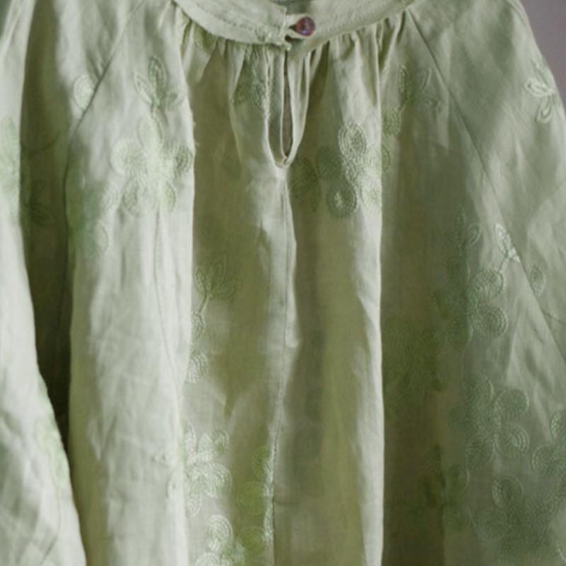 Johnature Women Vintage Embroidery Floral Tops O-Neck Long Sleeve Spring Solid Color Loose Women Shirts