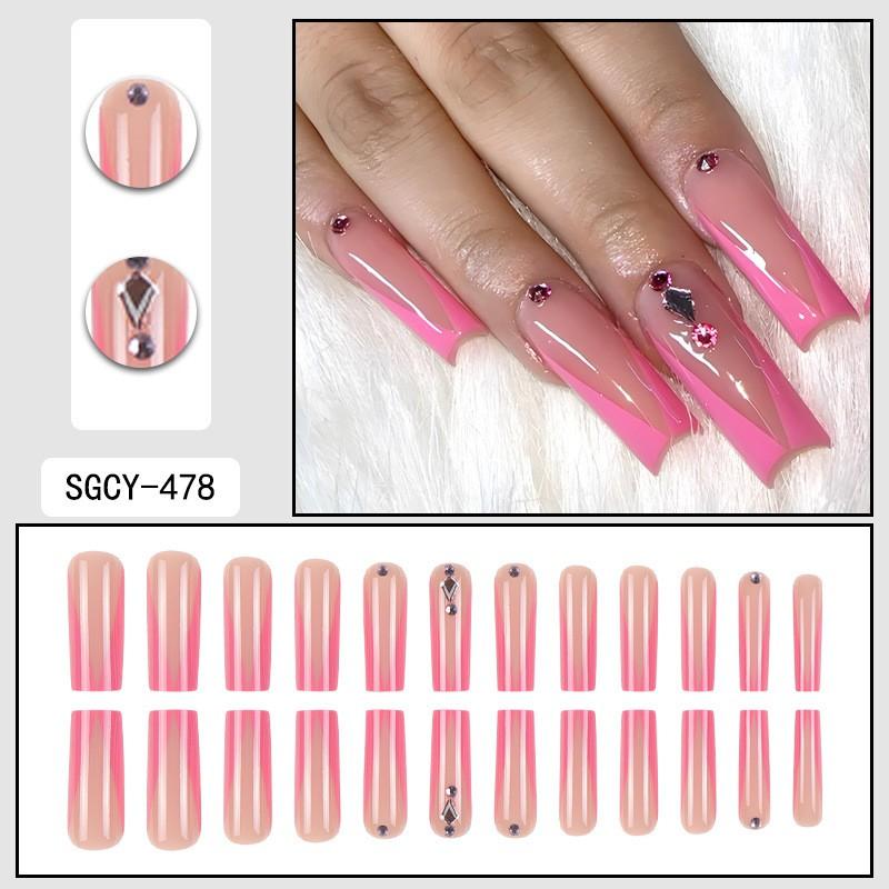 Pink French Style Press-On Nails With Rhinestones Simple Wearable Nail Tips Women Gel Adhesive Jelly Glue Options