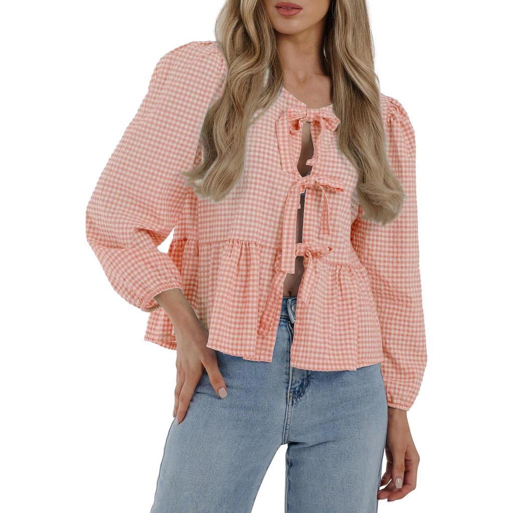 Top Peplo da Donna con Lacci sul Davanti Y2k Manica Corta a Sbuffo Camicia con Lacci Fiocco Orlo con Volant Bluse Babydoll