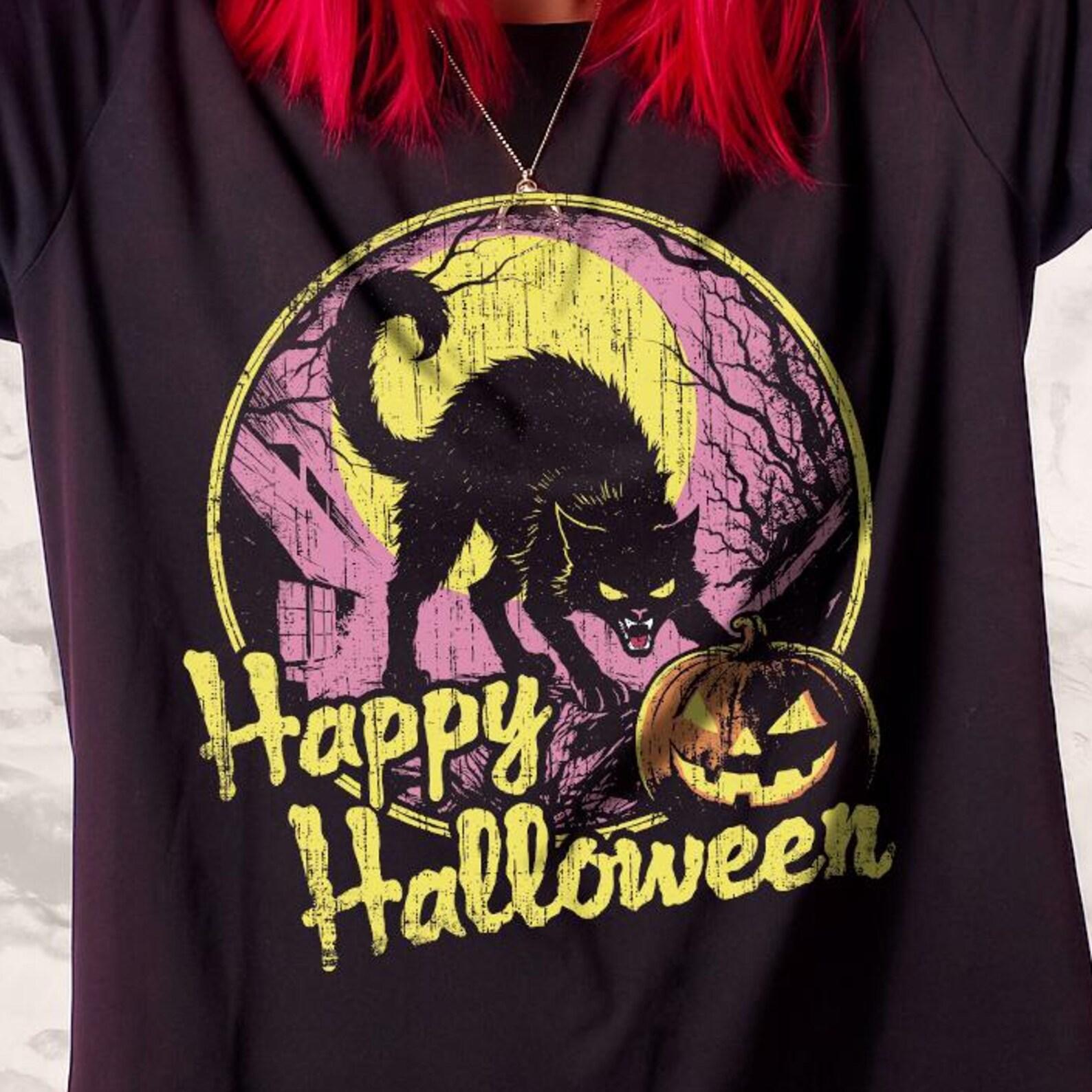 Vintage Happy Halloween Shirt Black Cat Pumpkin Retro Graphic Tee S