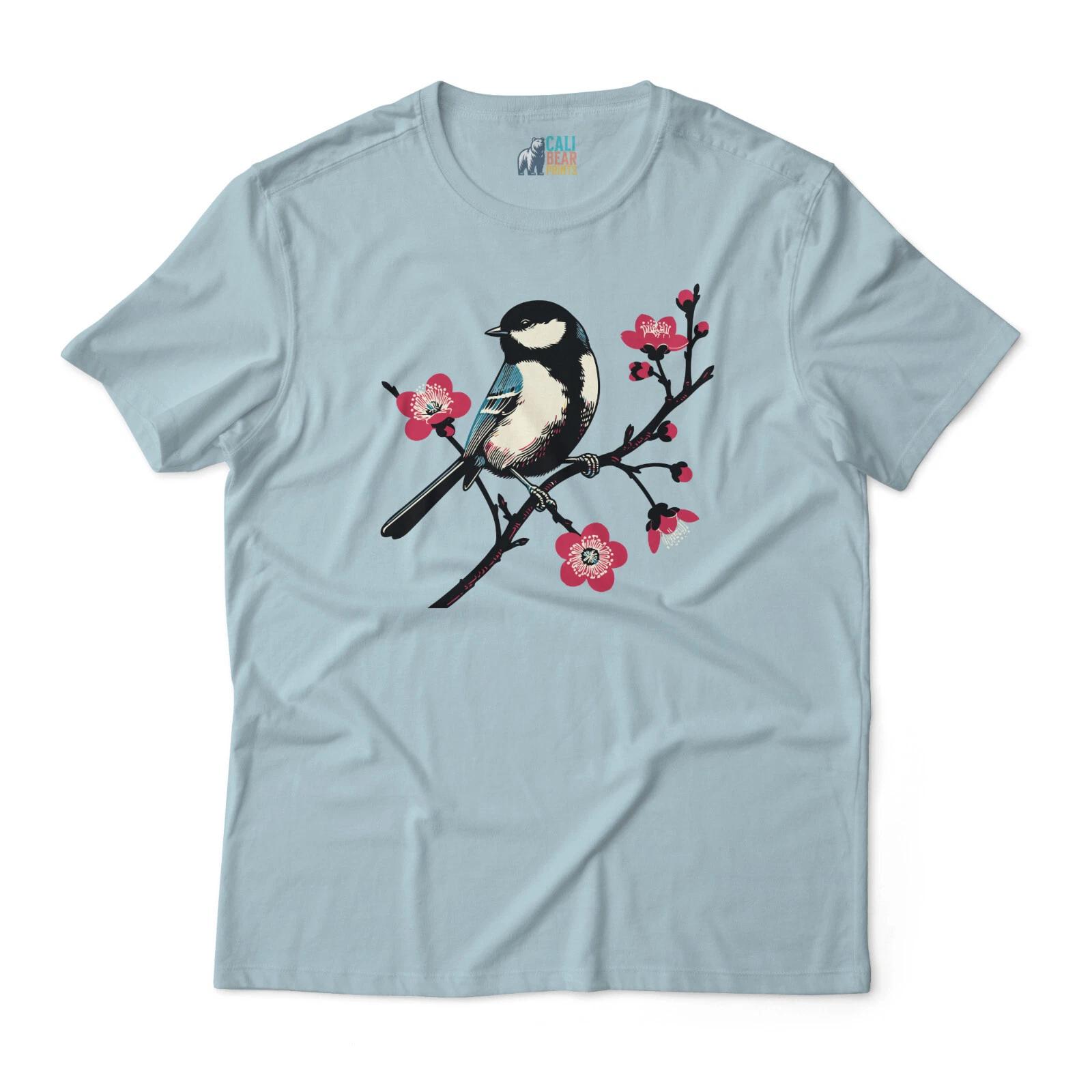 Nature Inspired Graphic T shirt - Chickadee Bird and Blossom Art Design - Unisex XL