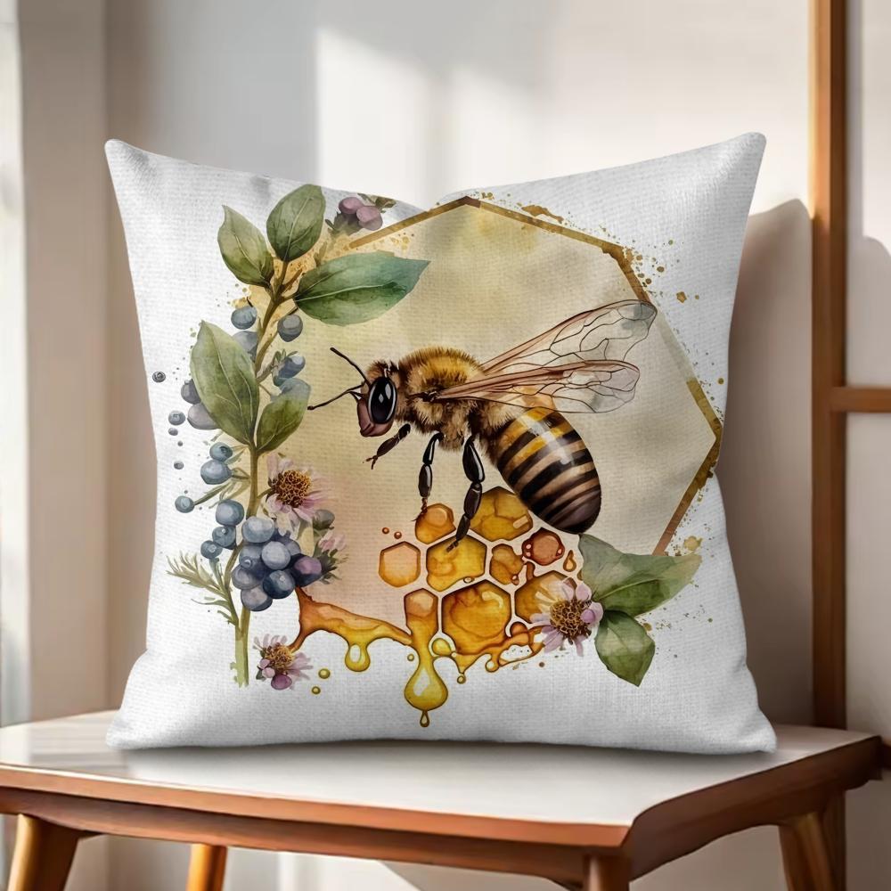 Watercolor beeflowers Cushion Cover Natural Linen Organic Fabric DoubleSided Printing Couch Pillow Covers Home Decor