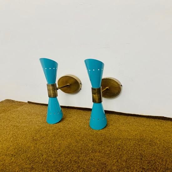 1950er Jahre Mid Century Messing italienische Diabolo Wandleuchte Leuchte 2 Glühbirnen paar Wandleuchte Lampe