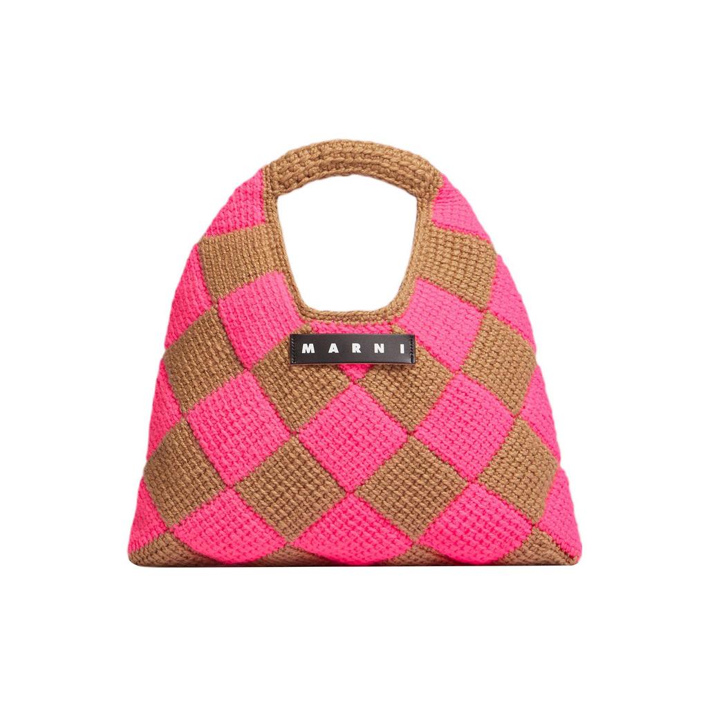 Marni Market Letter Patch Geometric Pattern Acrylic Knit Leather Tote Bag Medium Women handbags Brown Pink SHMH0049A0FW305CHC57
