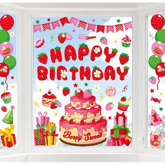 Whaline 6 Sheets Happy Birthday Window Clings Colorful Birthday Cake Balloon Banner Double-Sided Window Stickers for Boys Girls Anniversary Party