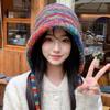 Gradient Wool Crochet Cap Rainbow Striped Winter Bucket Hat Thick Warm Ear Cap  For Women