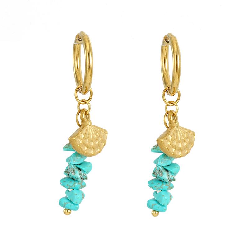 European & American 18k Gold Stainless Steel Blue Turquoise Fan-Shaped Drop Earrings