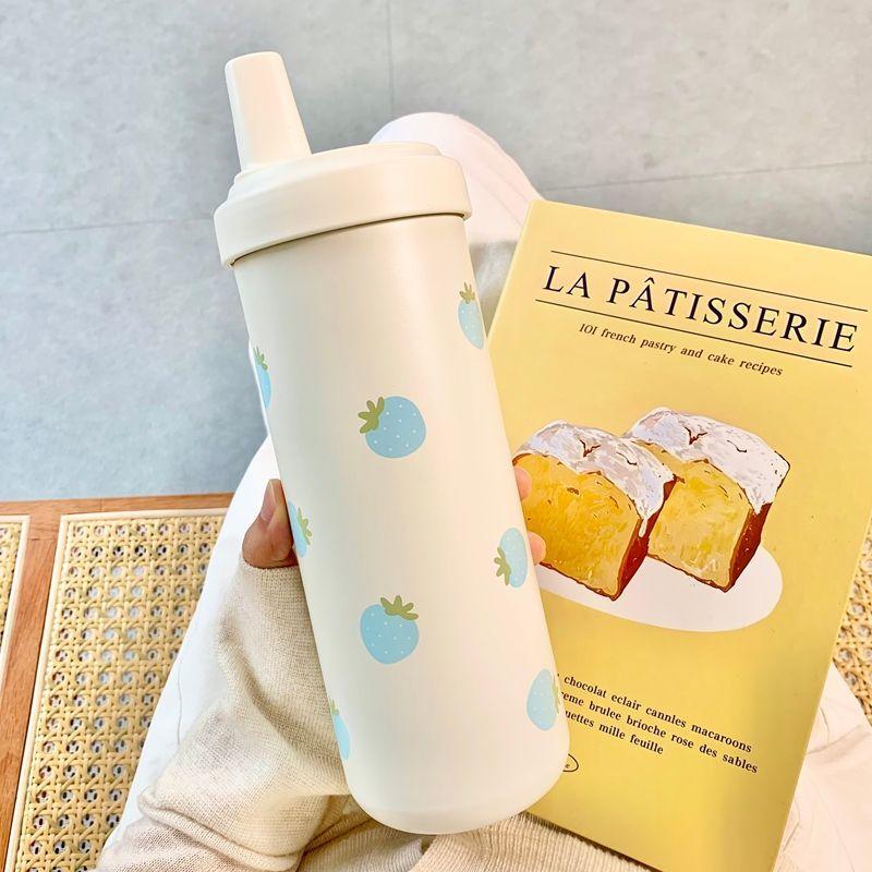 Kawaii Strawberry Thermos Bottle Stainless Steel Vacuum Insulated Straw Cup Cute Girls Outdoor Ice Coffee Drinking Water Cup