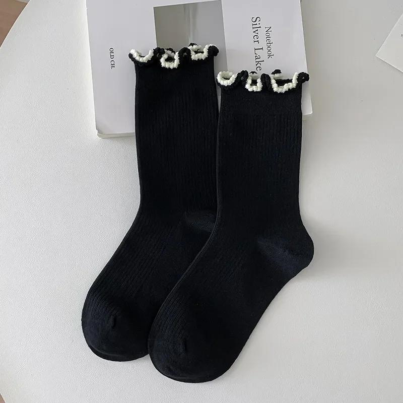 Fashion Girls Lolita Kawaii Cute Middle Tube Socks Sox Sweet Solid Color Black White Gray Long Socks Ruffle Socks Women