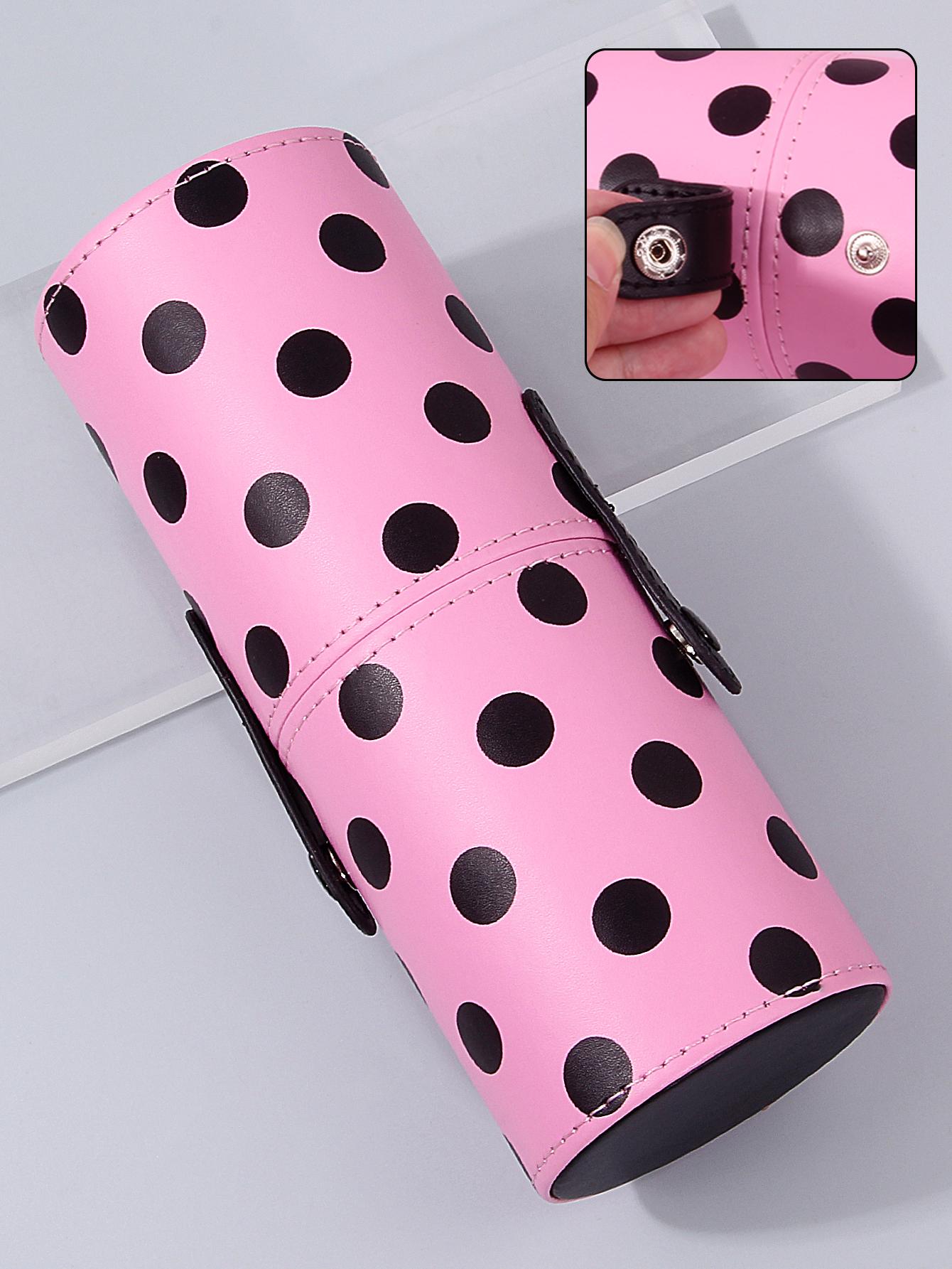 

High-quality polka dot pink PU makeup brush storage bucket, large-capacity covered makeup bucket, portable travel storage