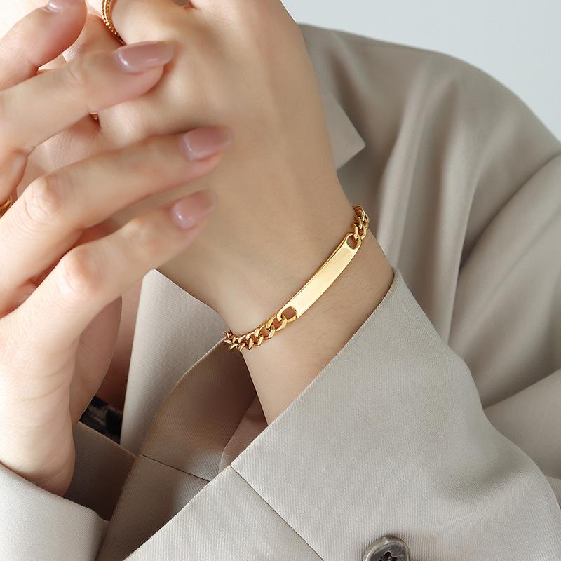 European Hip Hop Geometric Long Bar Bracelet & Necklace Set, 18k Gold-Plated Titanium Steel Jewelry