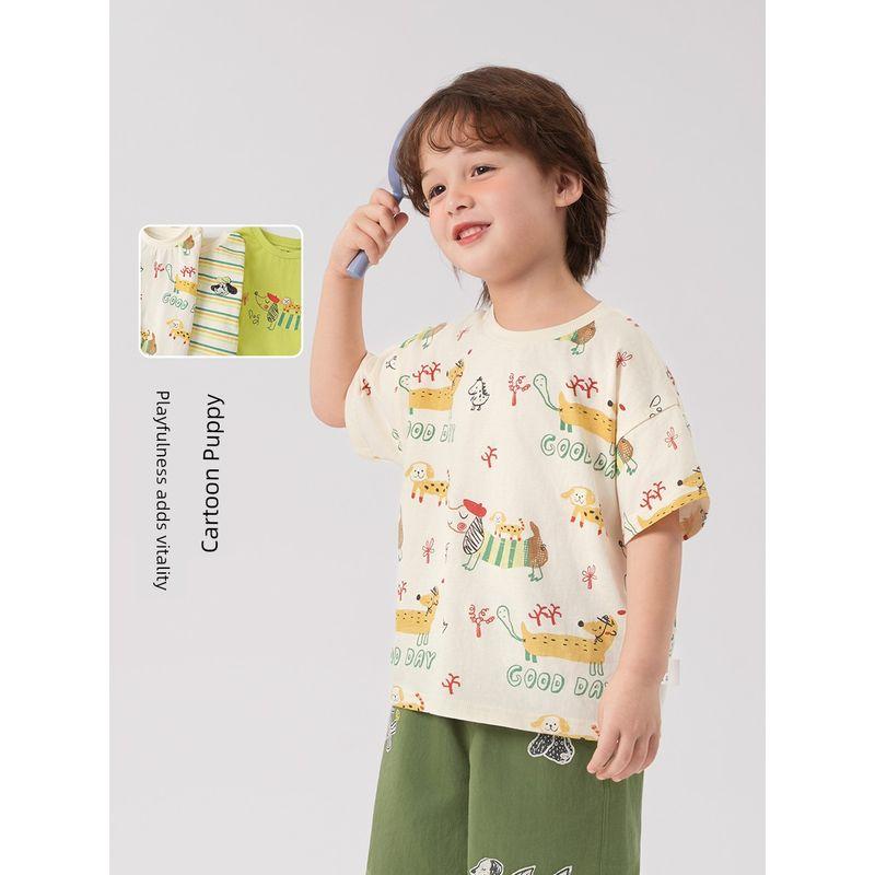 Right European Style Boys' Cute Printed Short-Sleeved T-Shirt, New Summer 2025 Children's Clothing, Top, Half-Sleeve, Pure Cotton