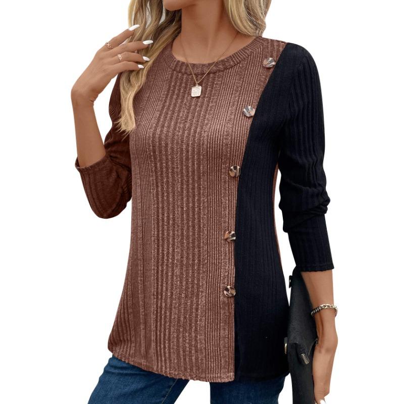 Spring and Autumn Women's Knit Top Colorblocking Button Split Casual Long Sleeve Top Blouse