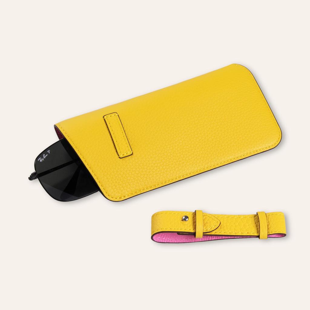 COGURE Eyeglass Open Type with Genuine Shrink Calf Slim and Gift Box Yellow Vivid Pink Case/Sunglasses Case, Belt, Leather, Lightweight, Unisex,