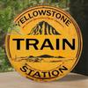 Vintage Round Metal Wall Art, Rustic Yellowstone Train Station Aluminum Sign, Mountain Landscape Decor for Home