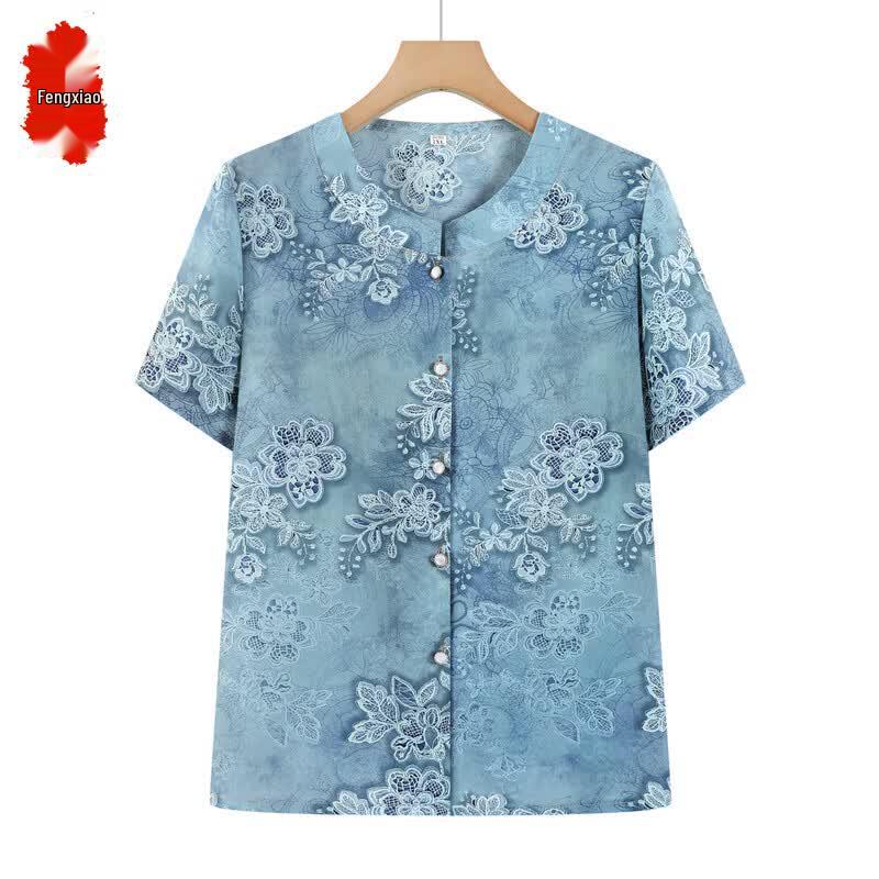 Elderly Women s Chinese Style Floral Short Sleeve Top XL