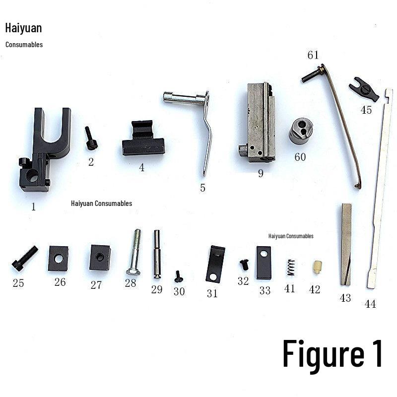 M2000 Twin Head Saddle Stitch Machine Parts: Stitching Base Plate, Bottom Punch, Butterfly Piece, Tight Claw, Lifting Plate, Screw Nut.