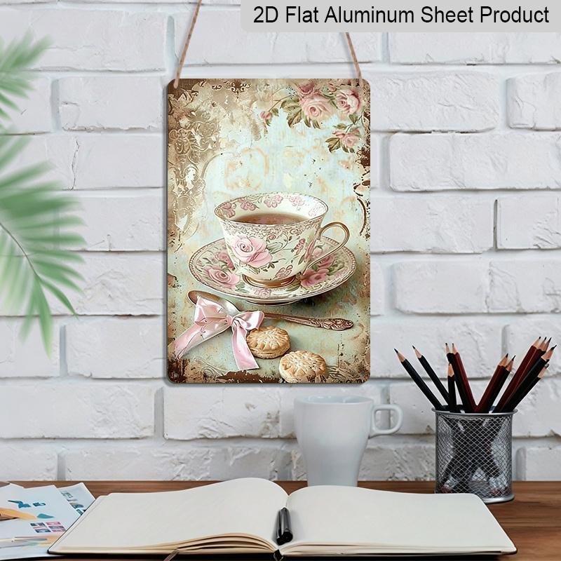 2D Flat 1pc Vintage Floral Teacup Metal Wall Decor - 8x12 Inch Aluminium Sign with Pink Roses & Lace, Pastel Spring Home Accent for Bedroom
