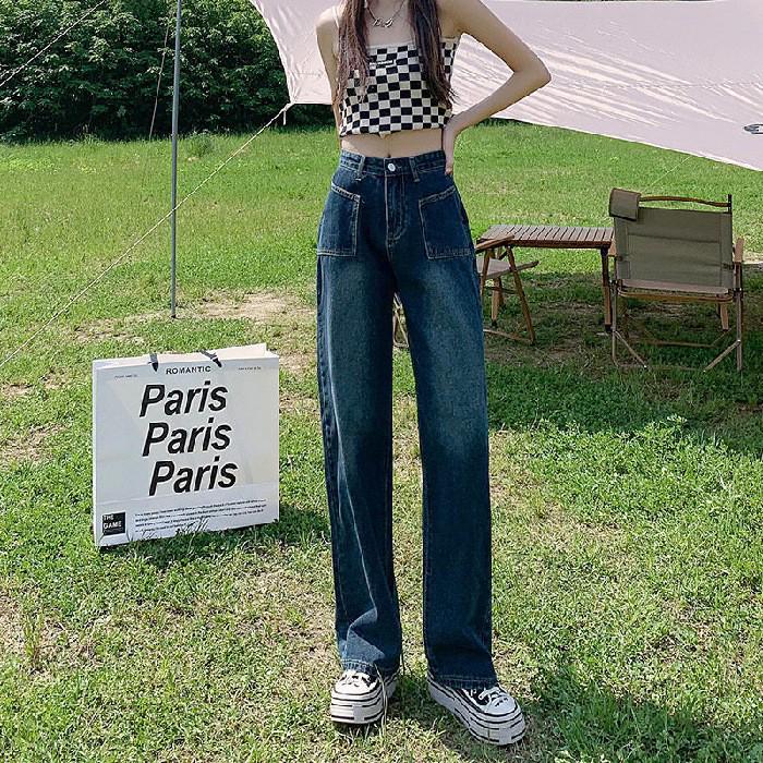 Spring/Autumn High Waist Women s Denim Pants - Loose, Straight-Leg Floor-Length for a Trendy, Slimming Look S