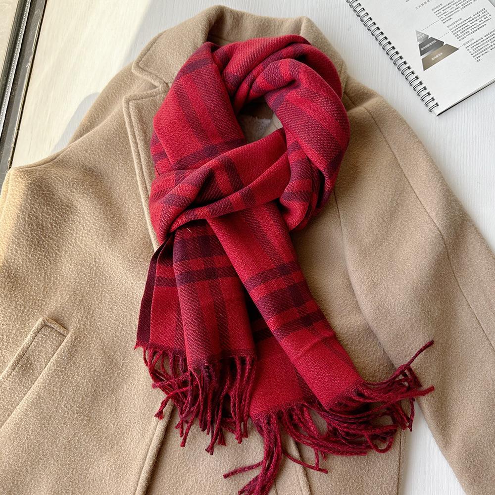 Double-sided Imitation Cashmere Tassel Autumn and Winter Scarf High End and Versatile Mid Length Plaid Couple Scarf for Men