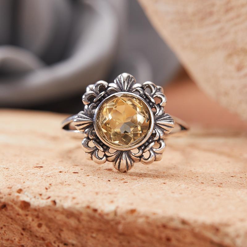Vintage Hollow Pattern Thai Silver Ring Women'S S925 Sterling Silver Inlaid With Natural Jasper Topaz Gemstone Index Finger Ring