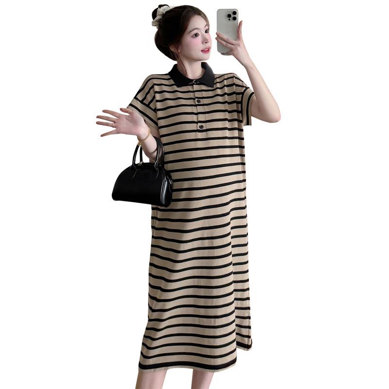 2026 Korean Striped Casual Maternity Polo Dress