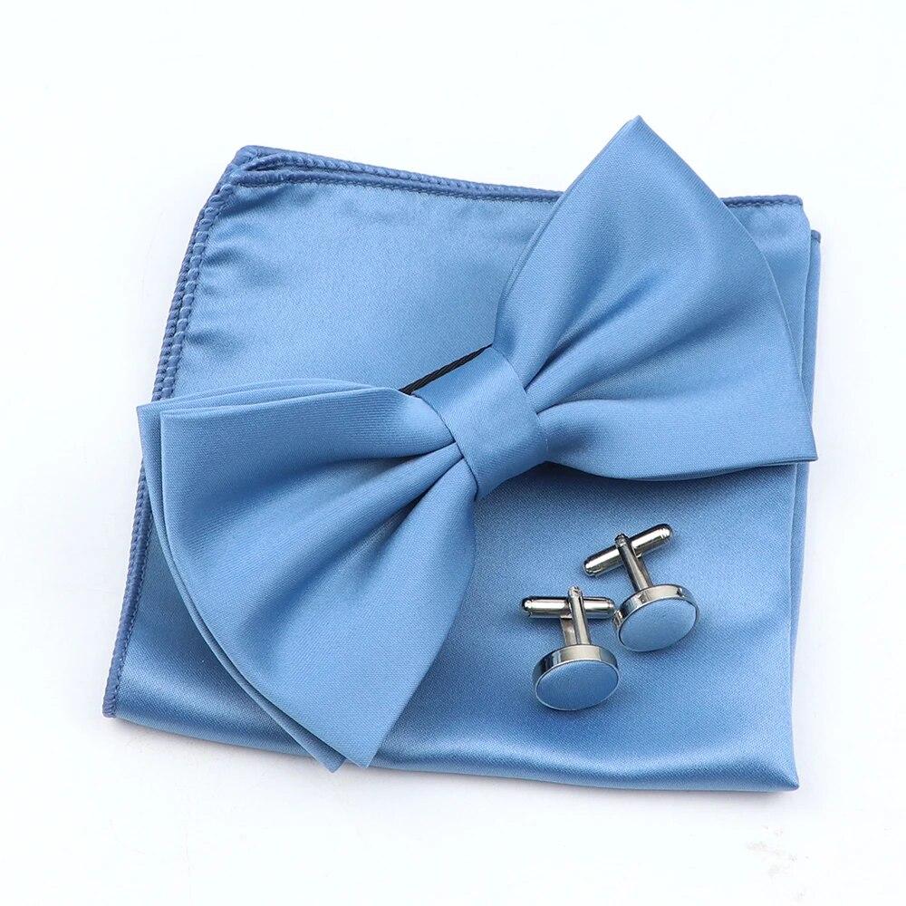 Einfarbiges Herren-Fliege-Taschentuch-Manschettenknopf-Set aus Polyester, Schmetterling, Hochzeit, Party, Abendessen, Zubehör