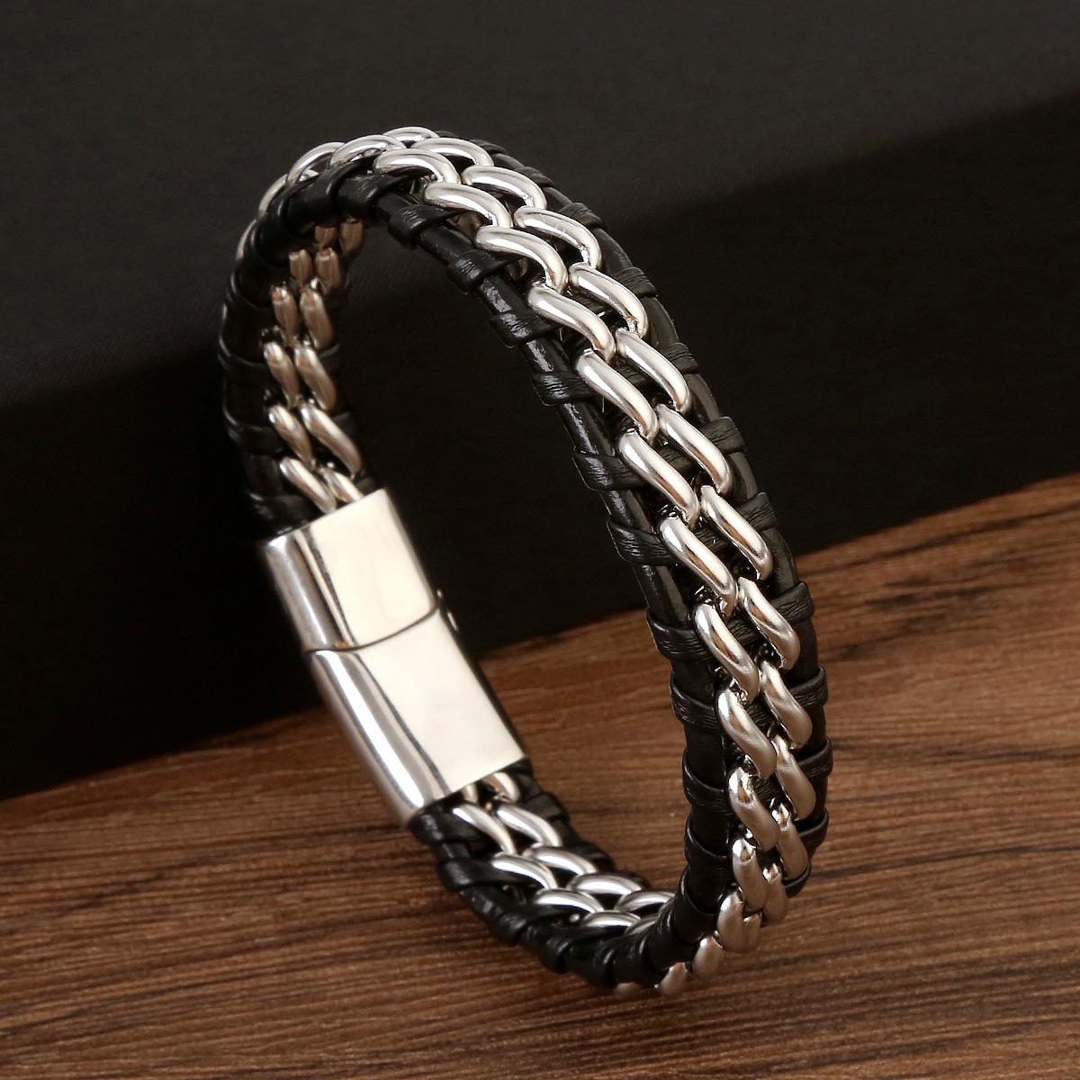 Geometric Double Chain Leather Bracelet for Men, Hand Woven Stainless Steel Magnetic Buckle Bracelet