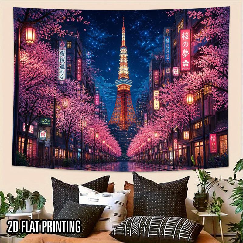 2D Flat - 2D Flat - 2D Flat 1pc Tapestry Tokyo Tower Cherry Blossom Night Wall Hanging Decor for Living Room, Bedroom, Office, Party Decor, Ideal Crea