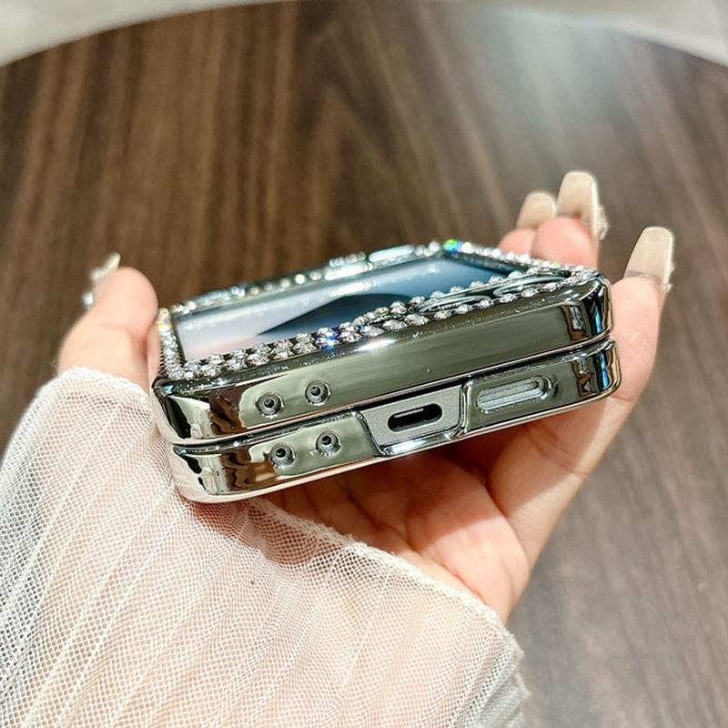 Diamond Frame 3pcs Folding Case For Samsung Galaxy Z Flip6 Flip5 Leather Shockproof Ring Holder Slim Hard PC Phone Cover