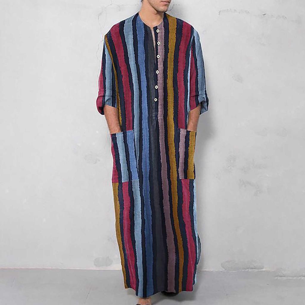 Men's Long Sleeve Arabian Striped Printed Shirt Muslim Men's Robe