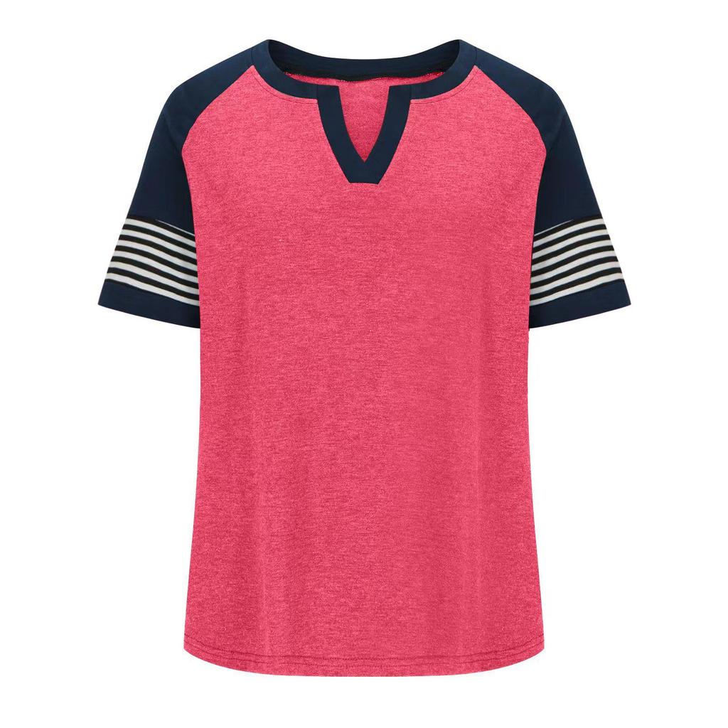2024 Euro-America V-Neck Color Block Short Sleeve Loose Top