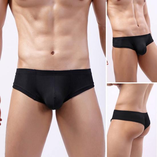 Men Summer Thong Low-rise Ice Silk Ribbed Briefs Solid Color High Elasticity Underwear
