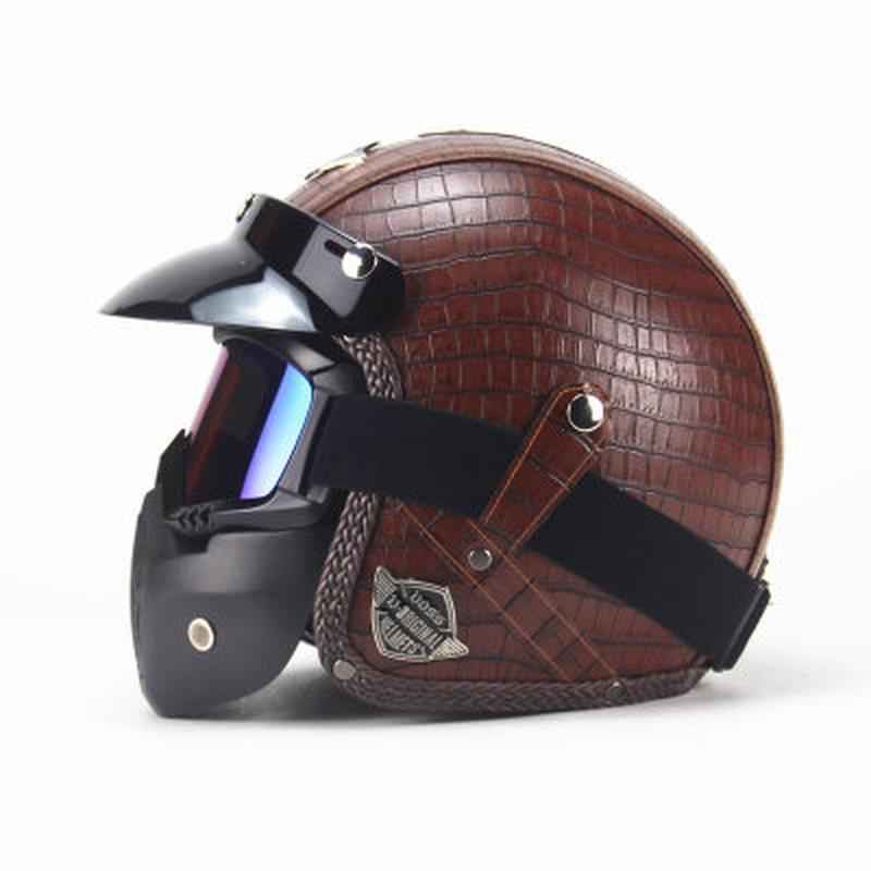 PU Leather Helmet 3/4 Motorcycle Chopper Bicycle Helmet Exposed Vintage Motorcycle Helmet & Goggles Mask Half Face Helmet