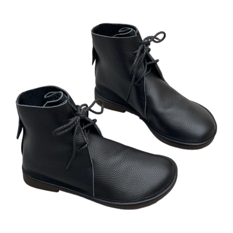 Soft Leather Boots with Soft Soles, Casual Round-toe Versatile Lace-up Ankle Boots, Women's Shoes, Retro Boots