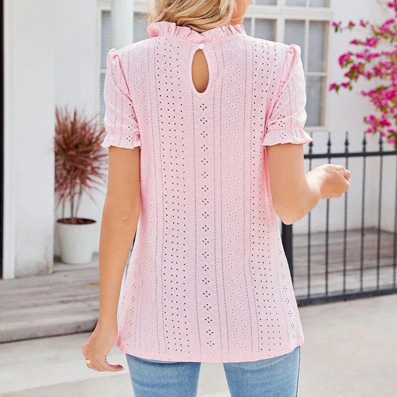 Ležérní stojací límeček Volně skládaná trička 2024 Jaro Léto Ženy Krajková halenka s krátkým rukávem Vyhloubená Elegantní topy 30561