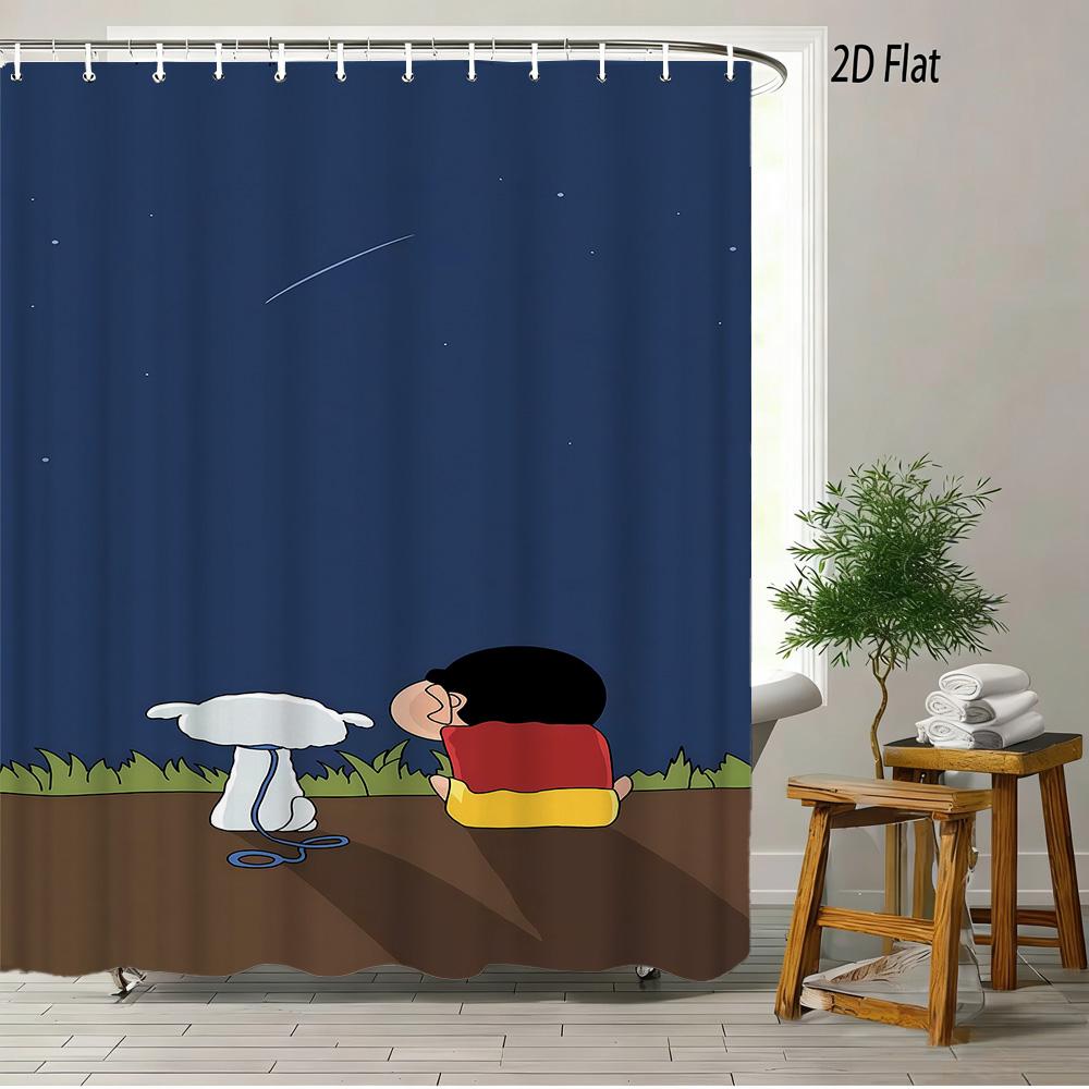 Crayon Shin-Chan Running & Cheering On Mountain Top 2D Print Waterproof Shower Curtain, Minimalist Blue Sky Bathroom Decor With